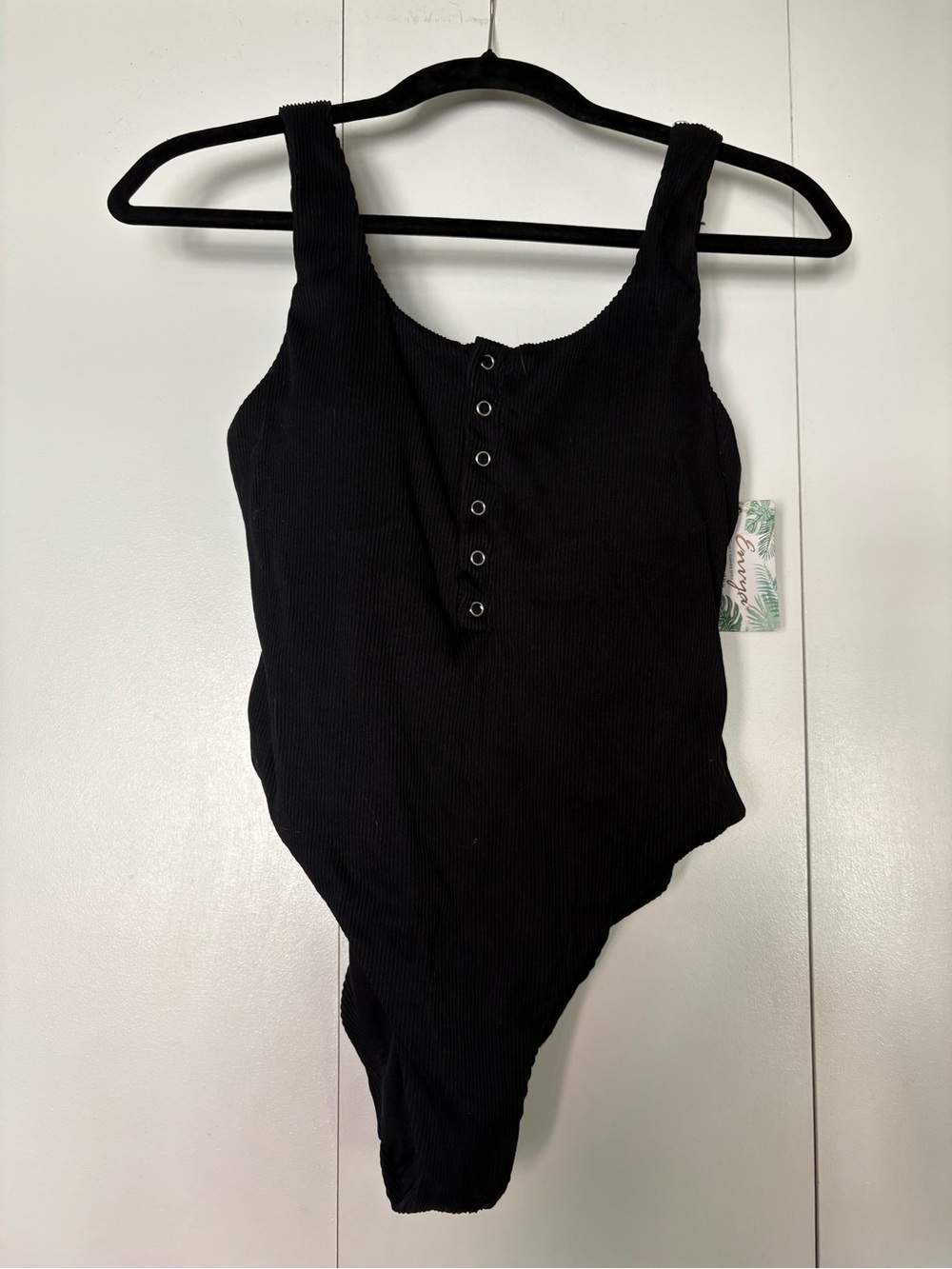 Envya Black Ribbed One-Piece Swimsuit with Front Snap Detail